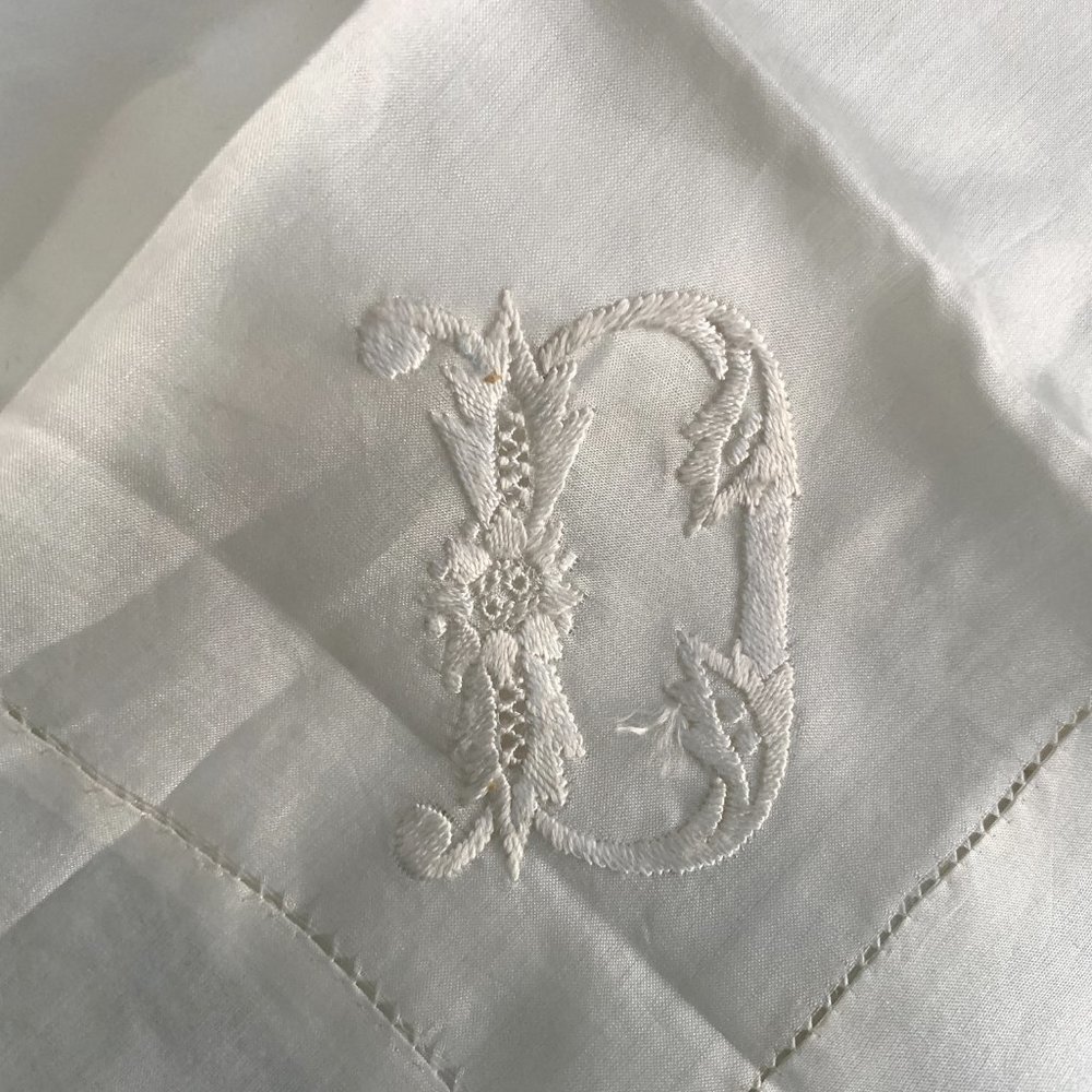 Antique Vintage Ivory Monogrammed "D" Silk Hankie Large 18" Mens Ladies